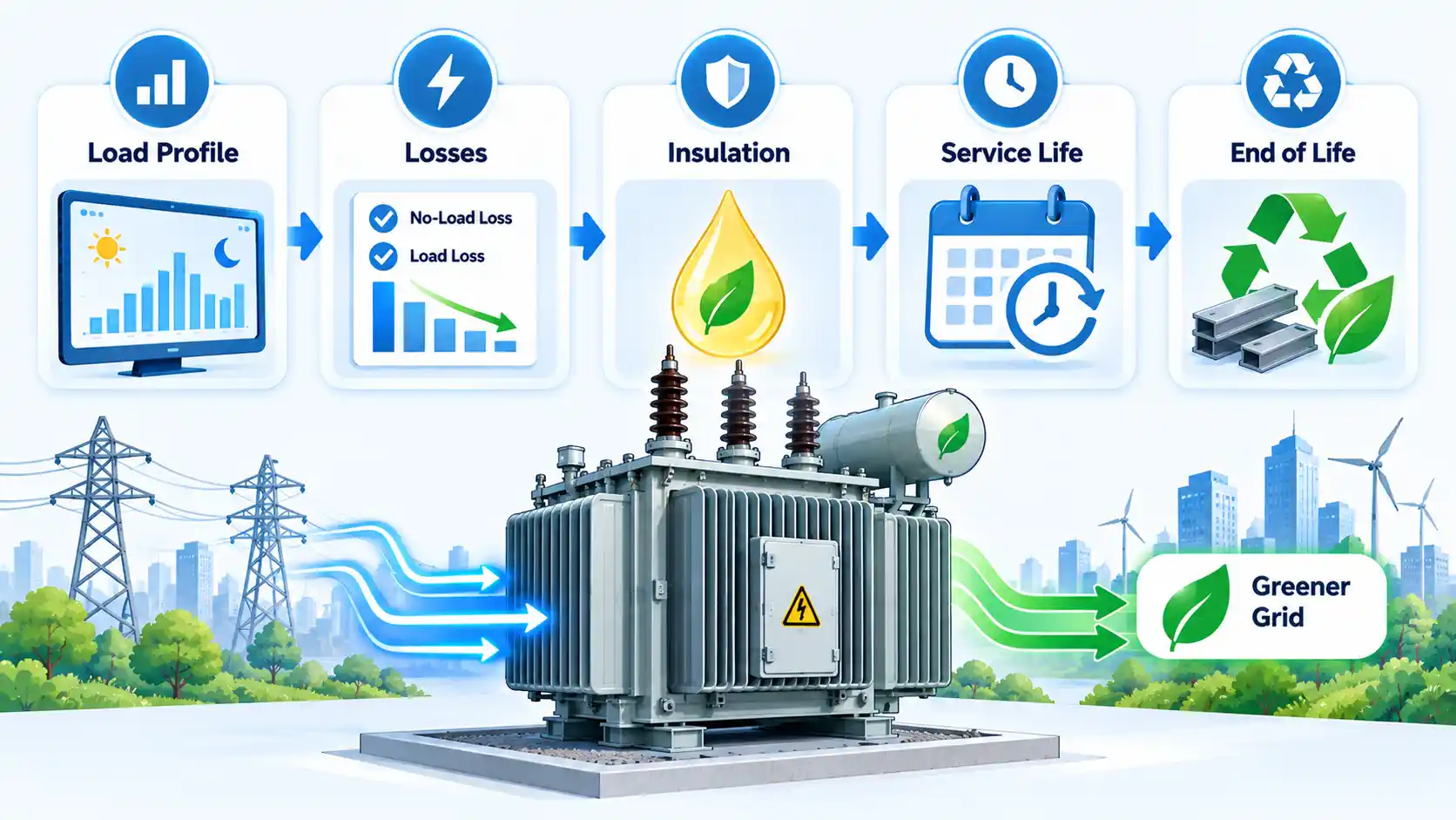 Transformer evaluation flow: Load Profile, Losses, Insulation, Service Life, End of Life, leading to a Greener Grid.