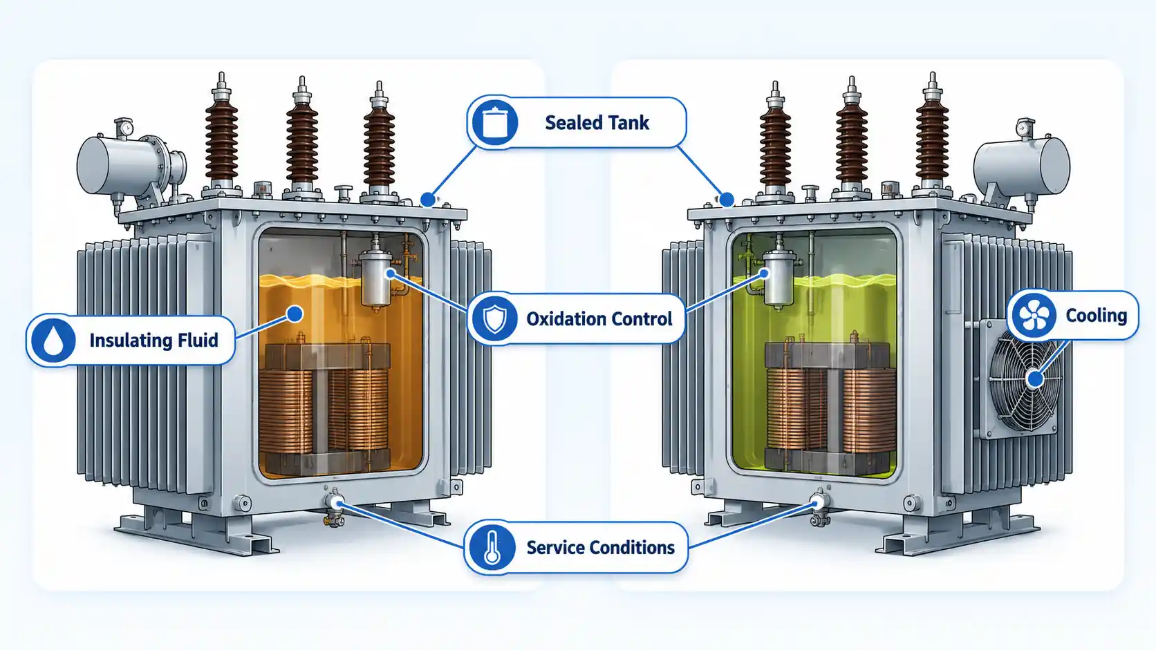 Twin transformers show Insulating Fluid, Sealed Tank, Oxidation Control, Cooling, and Service Conditions.