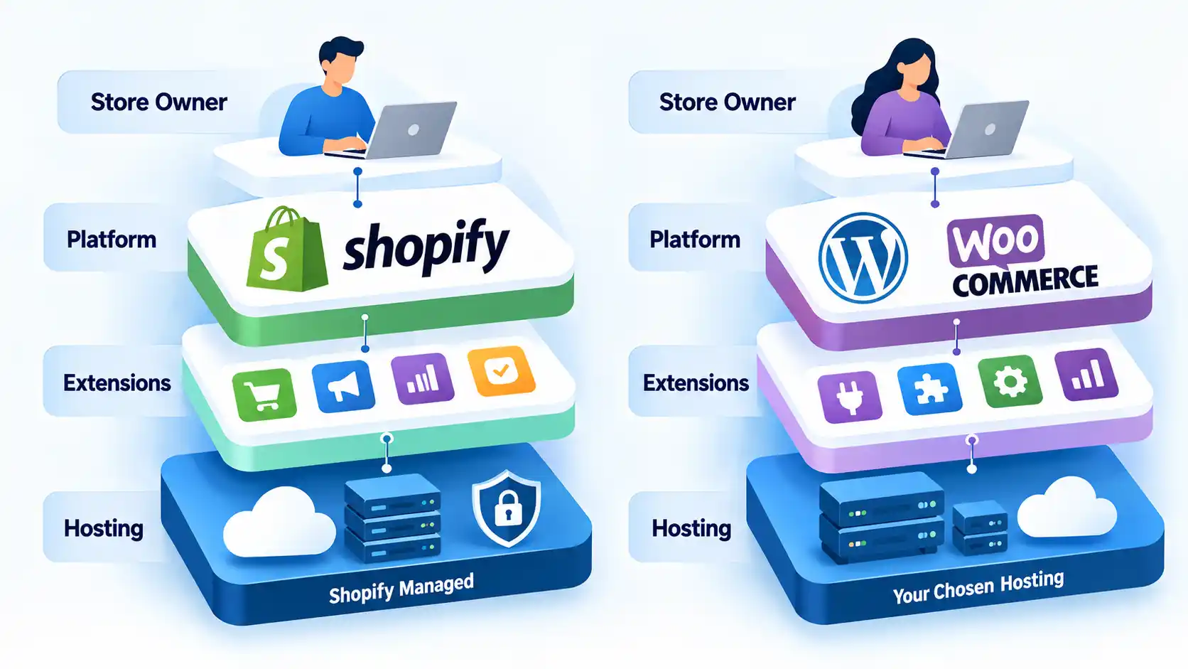 Layered Shopify and WooCommerce stacks labeled Store Owner, Platform, Extensions, and Hosting.