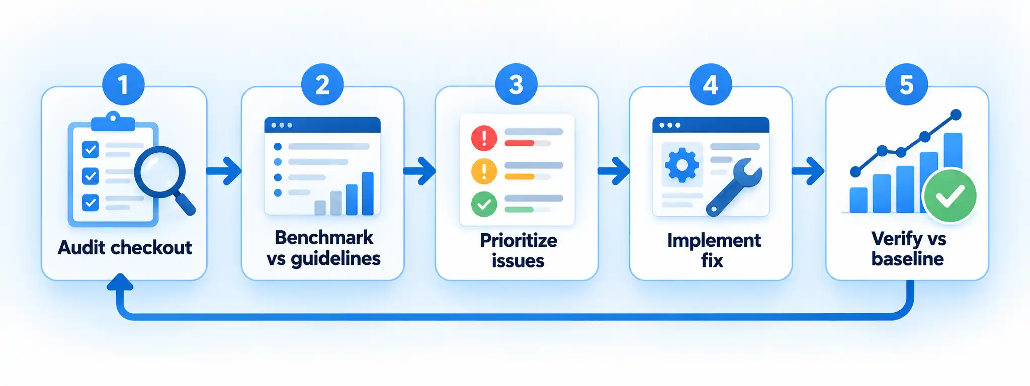 Five-step checkout optimization flow from audit to baseline verification, with arrows showing continuous improvement.