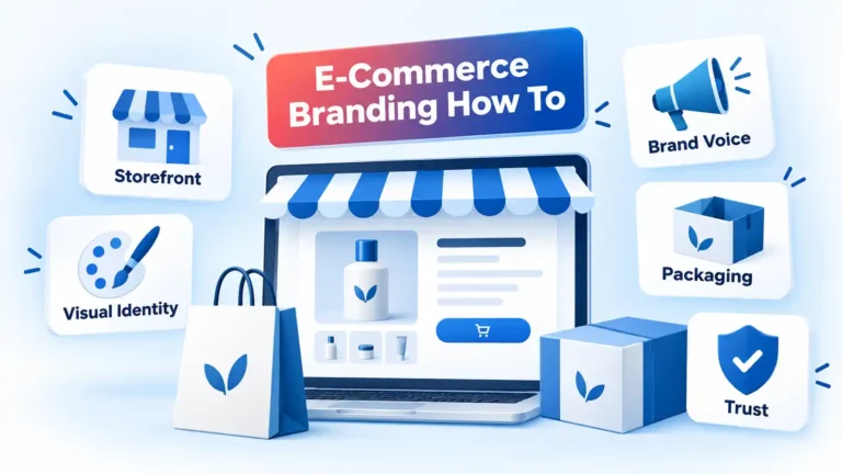 E-commerce storefront surrounded by Visual Identity, Brand Voice, Packaging, and Trust cards.
