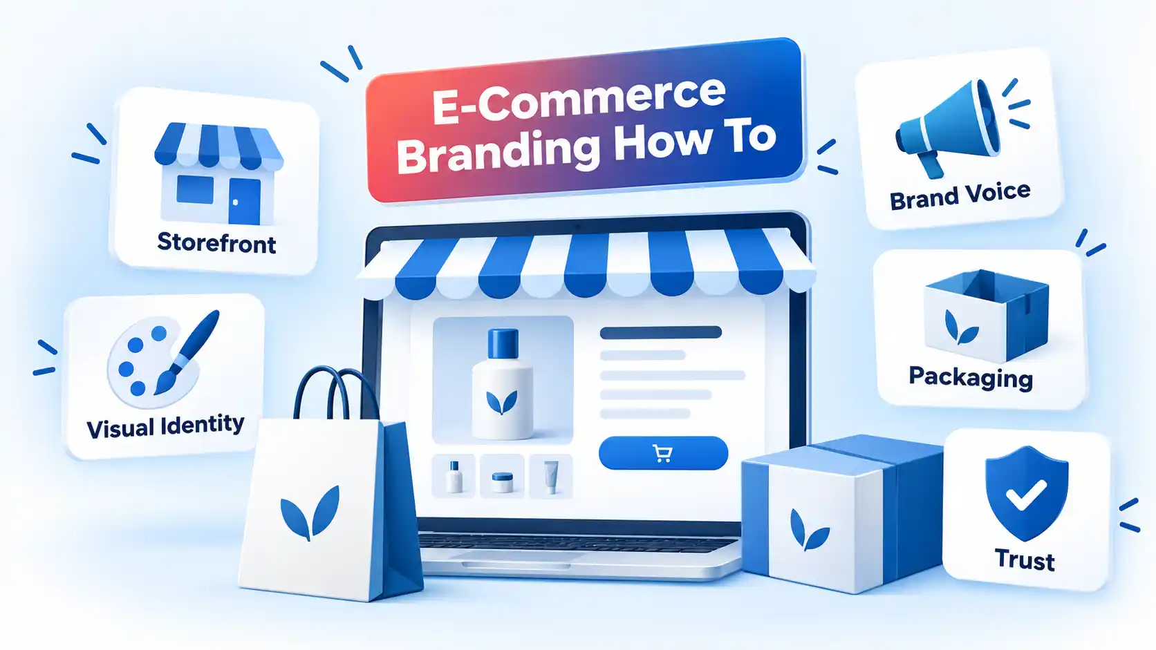 E-commerce storefront surrounded by Visual Identity, Brand Voice, Packaging, and Trust cards.