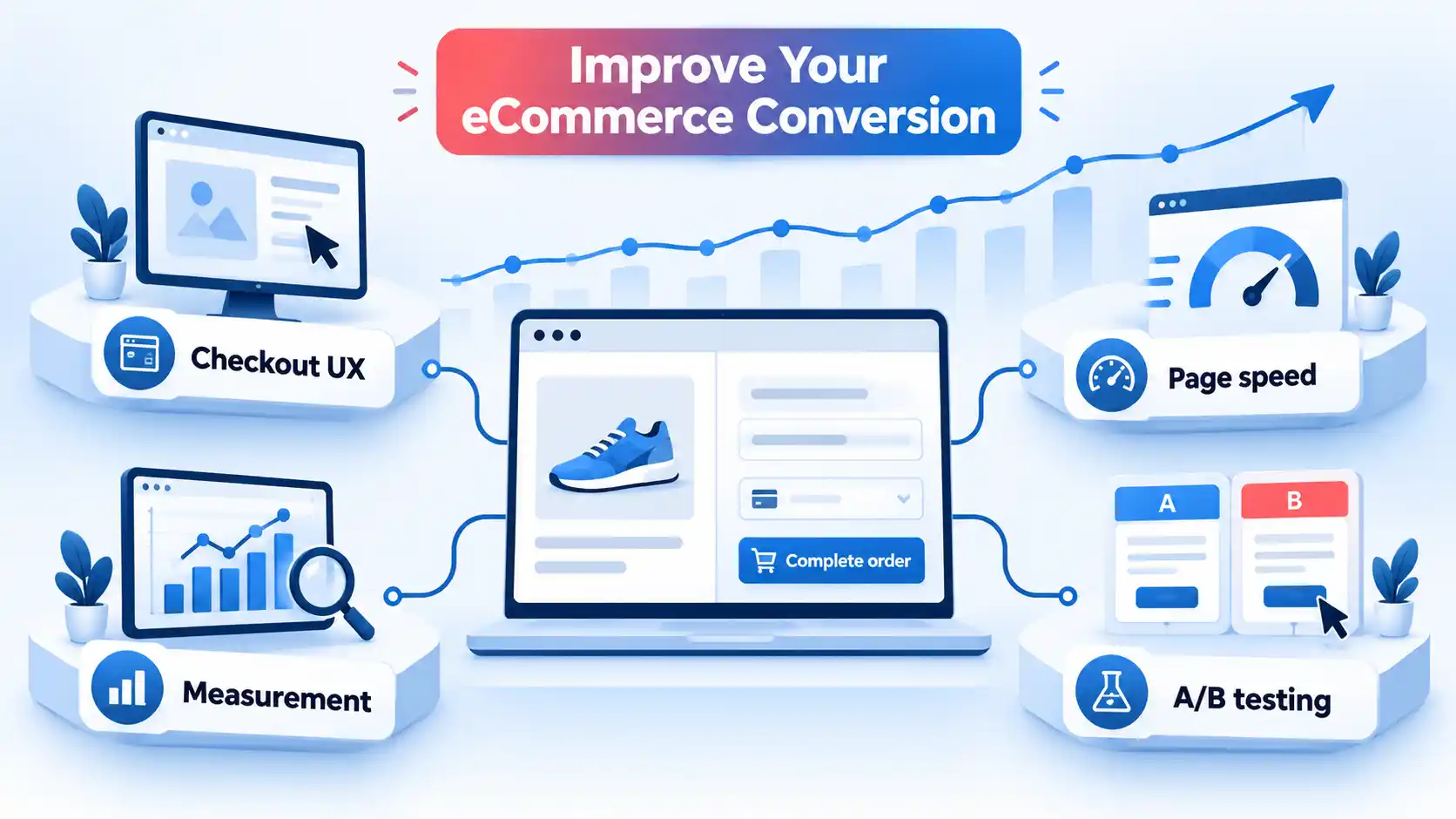 eCommerce checkout screen connected to Checkout UX, Page speed, Measurement, and A/B testing cards with a rising chart.