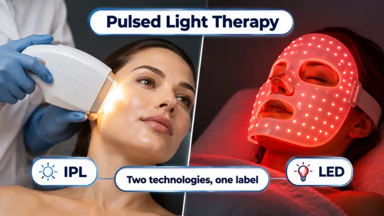 Clinician using an IPL device on a woman's cheek beside a woman wearing a glowing red LED face mask.