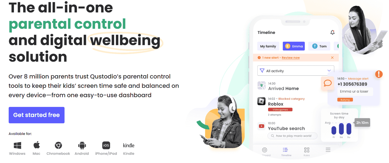 Qustodio Advertisement for Qustodio's parental control app showing a smartphone interface with activity timeline. Includes text highlighting features for screen time management. Images of two people using devices, with icons for different operating systems below. Bright, modern design.