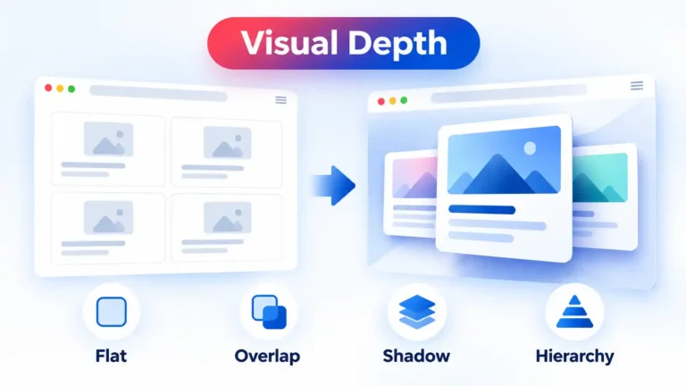 Browser UI shifts from flat cards to layered depth using overlap, shadow, and hierarchy.