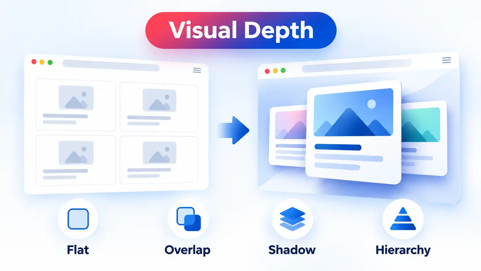 Browser UI shifts from flat cards to layered depth using overlap, shadow, and hierarchy.