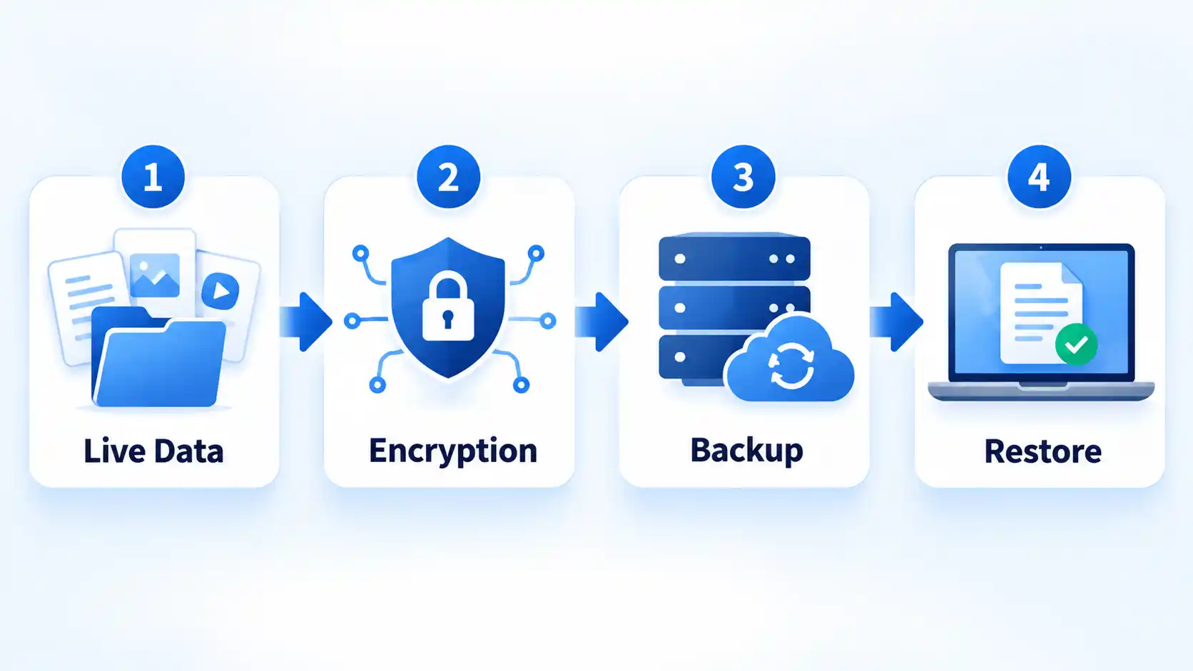 Four-step data protection flow showing Live Data, Encryption, Backup, and Restore connected by arrows.