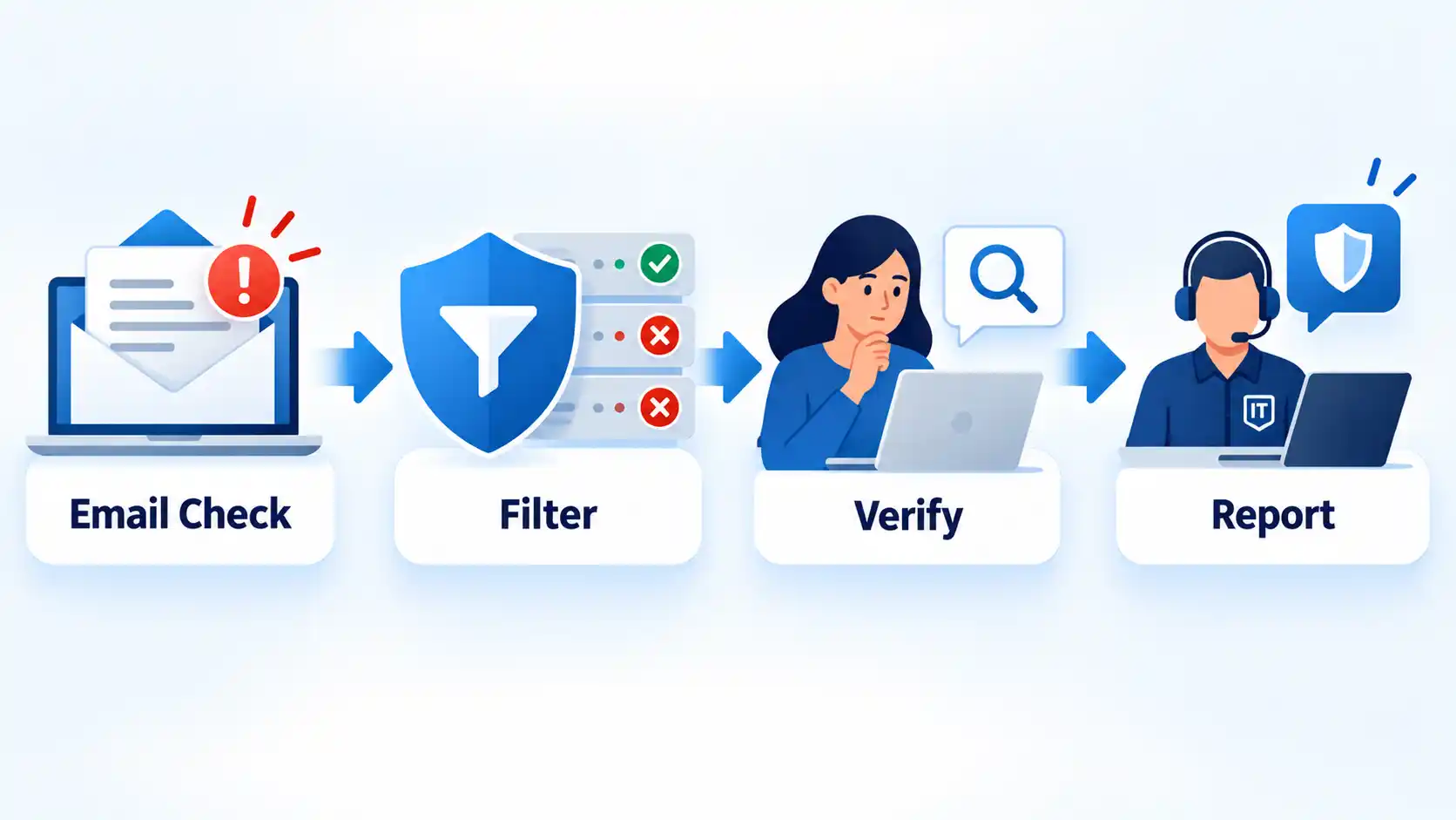 Suspicious email flow showing Email Check, Filter, employee Verify, and IT Report stages.