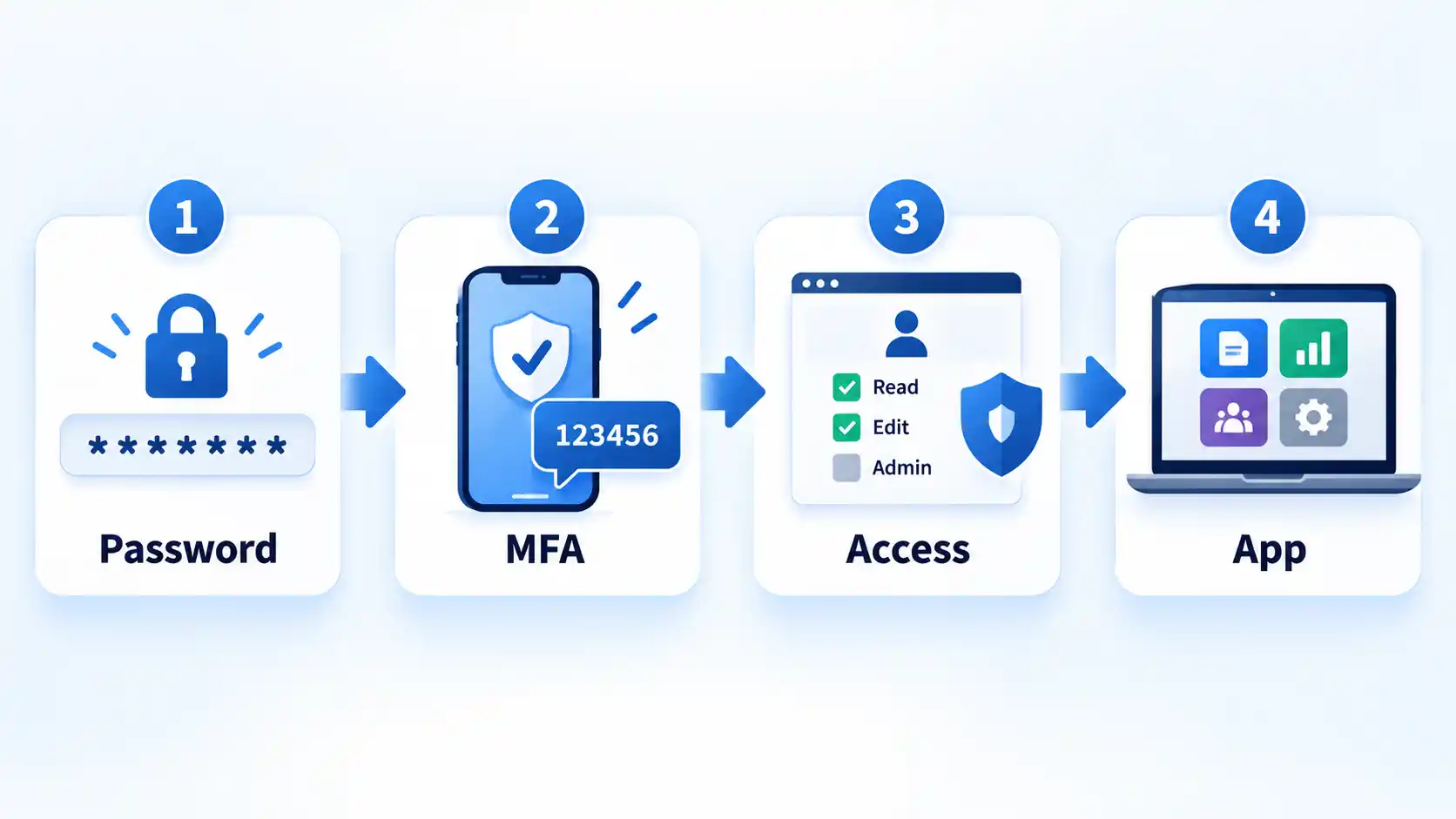 Four-step login flow showing Password, MFA, Access, and App cards connected by arrows.