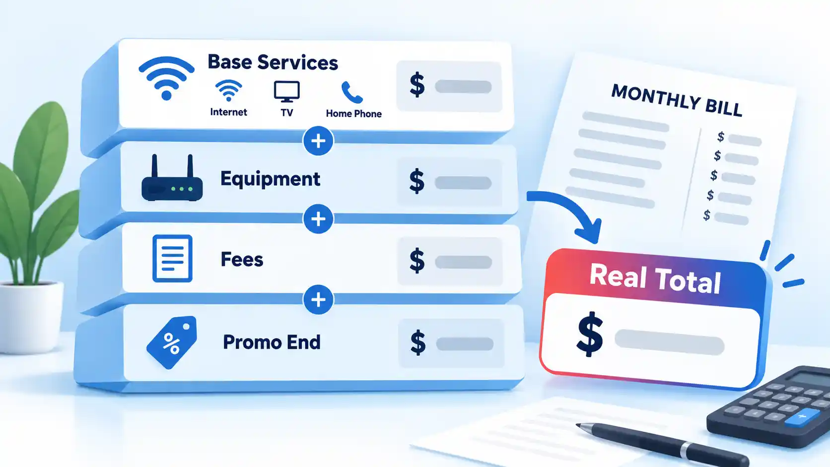 Bundle bill stacks Base Services, Equipment, Fees and Promo End costs into a highlighted Real Total.
