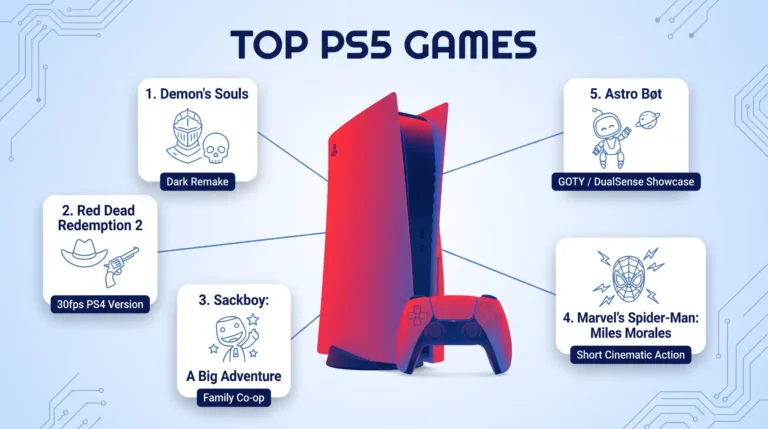 A tech blog feature graphic listing 'TOP PS5 GAMES' in a clean composition with five numbered explainer cards orbiting a central stylized red-and-blue PS5 console and DualSense controller. Each card includes a line-art icon and descriptive labels like 'Dark Remake', 'Family Co-op', and 'GOTY / DualSense Showcase' for games including Demon's Souls, Red Dead Redemption 2, Sackboy: A Big Adventure, Marvel's Spider-Man: Miles Morales, and Astro Bot.