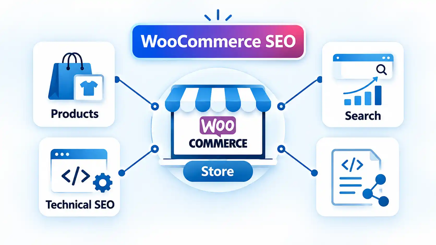 WooCommerce SEO hub with a central Store linked to Products, Technical SEO, Search, and structured data.