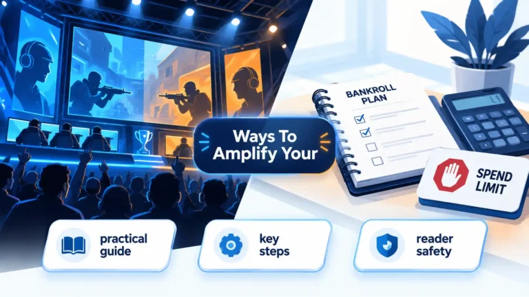 E-sports arena and gaming match beside a bankroll planning checklist, calculator, and spending limit card promoting responsible betting.