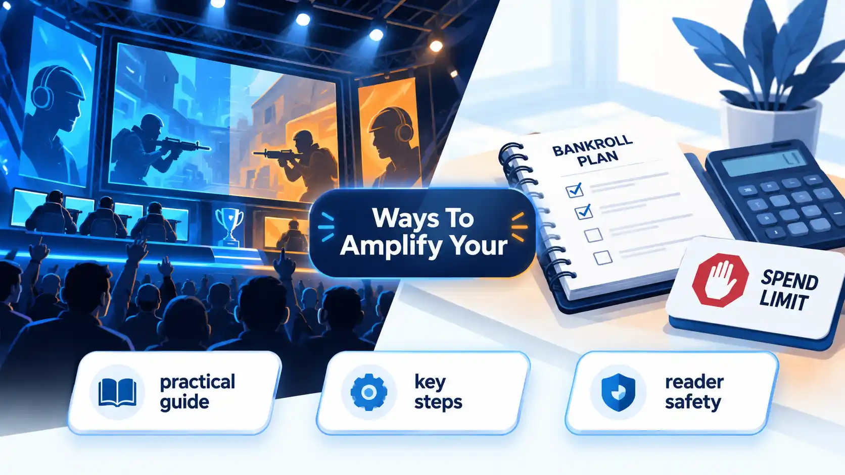 E-sports arena and gaming match beside a bankroll planning checklist, calculator, and spending limit card promoting responsible betting.