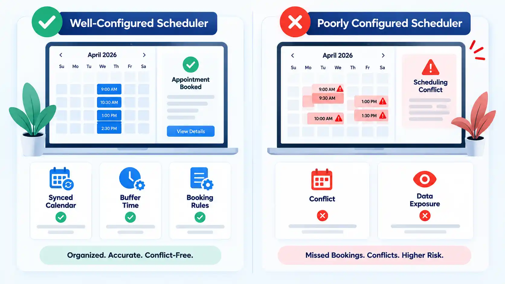 Well-configured scheduler with synced rules versus conflicts and data exposure in a poorly configured scheduler.