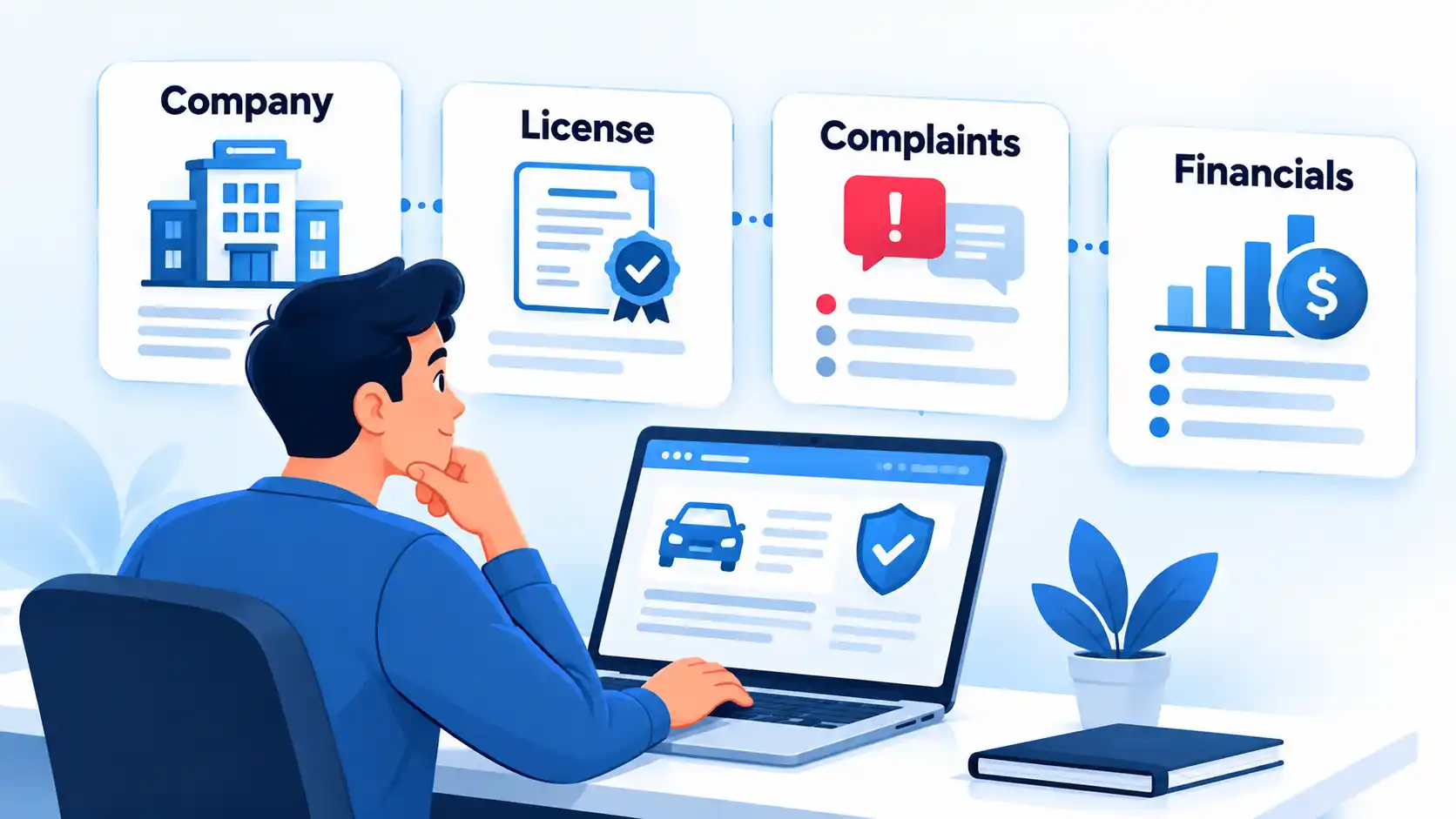 Consumer checks an insurer on a laptop beneath Company, License, Complaints, and Financials panels.