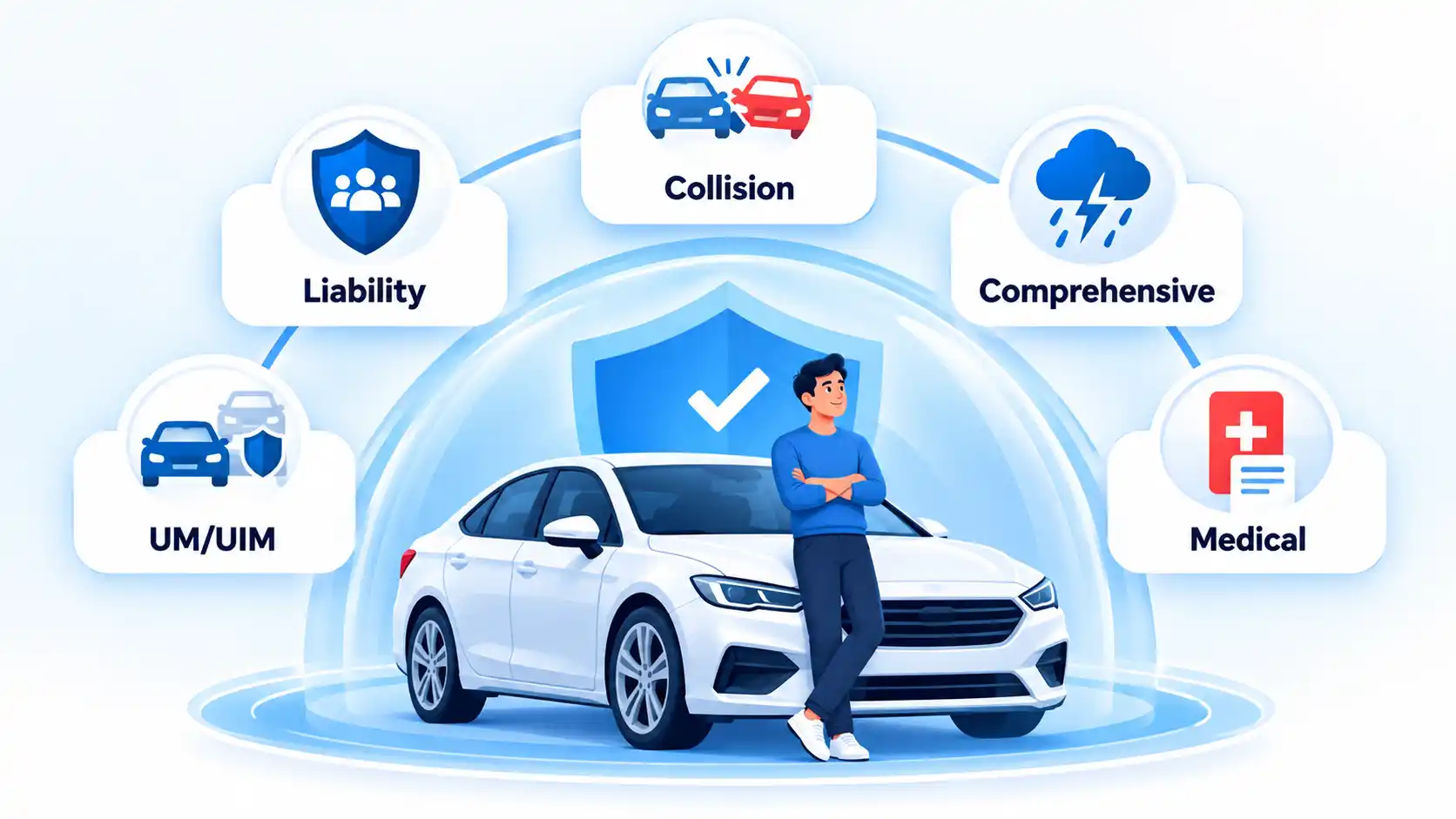 Driver and car surrounded by Liability, UM/UIM, Collision, Comprehensive, and Medical coverage cards.