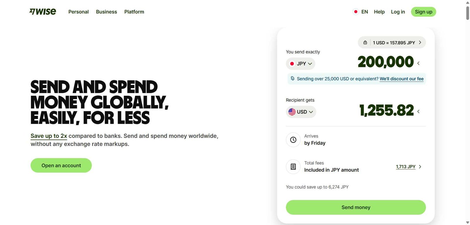 Wise homepage screenshot showing a money transfer calculator with JPY to USD exchange details and a “Send money” button.