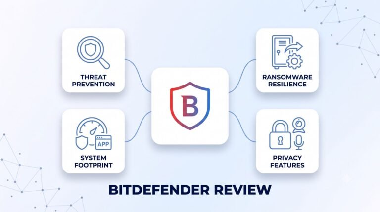 Bitdefender Review illustration showing a central shield logo with the letter B connected to four features: Threat Prevention, System Footprint, Ransomware Resilience, and Privacy Features.