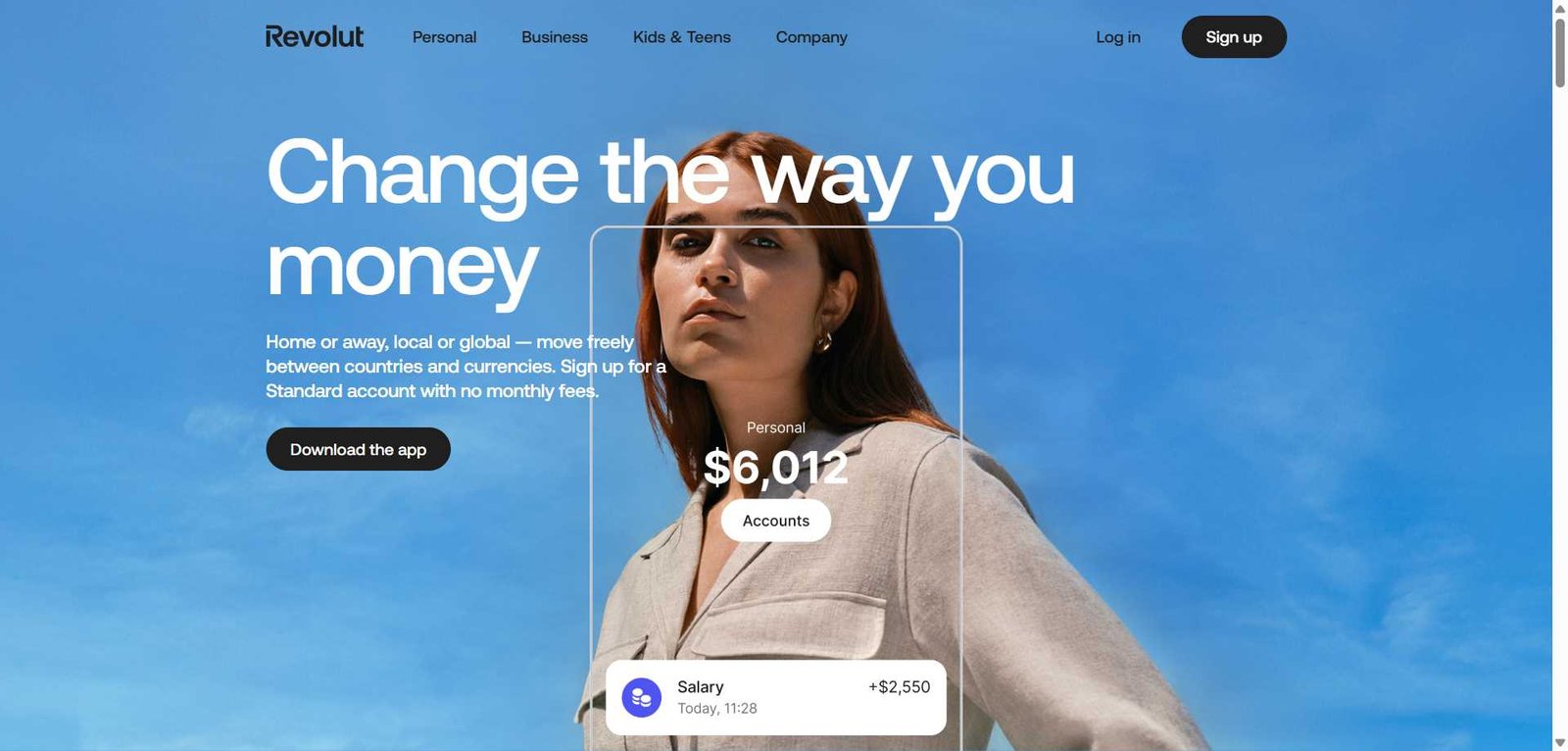 Revolut homepage hero image with the headline “Change the way you money,” a woman on a blue background, and a salary card overlay.