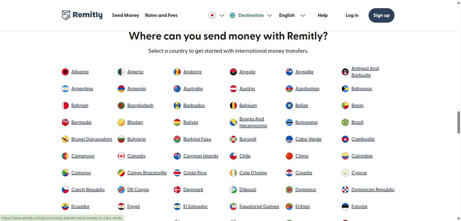 Remitly destination selection page showing a grid of countries where money can be sent.