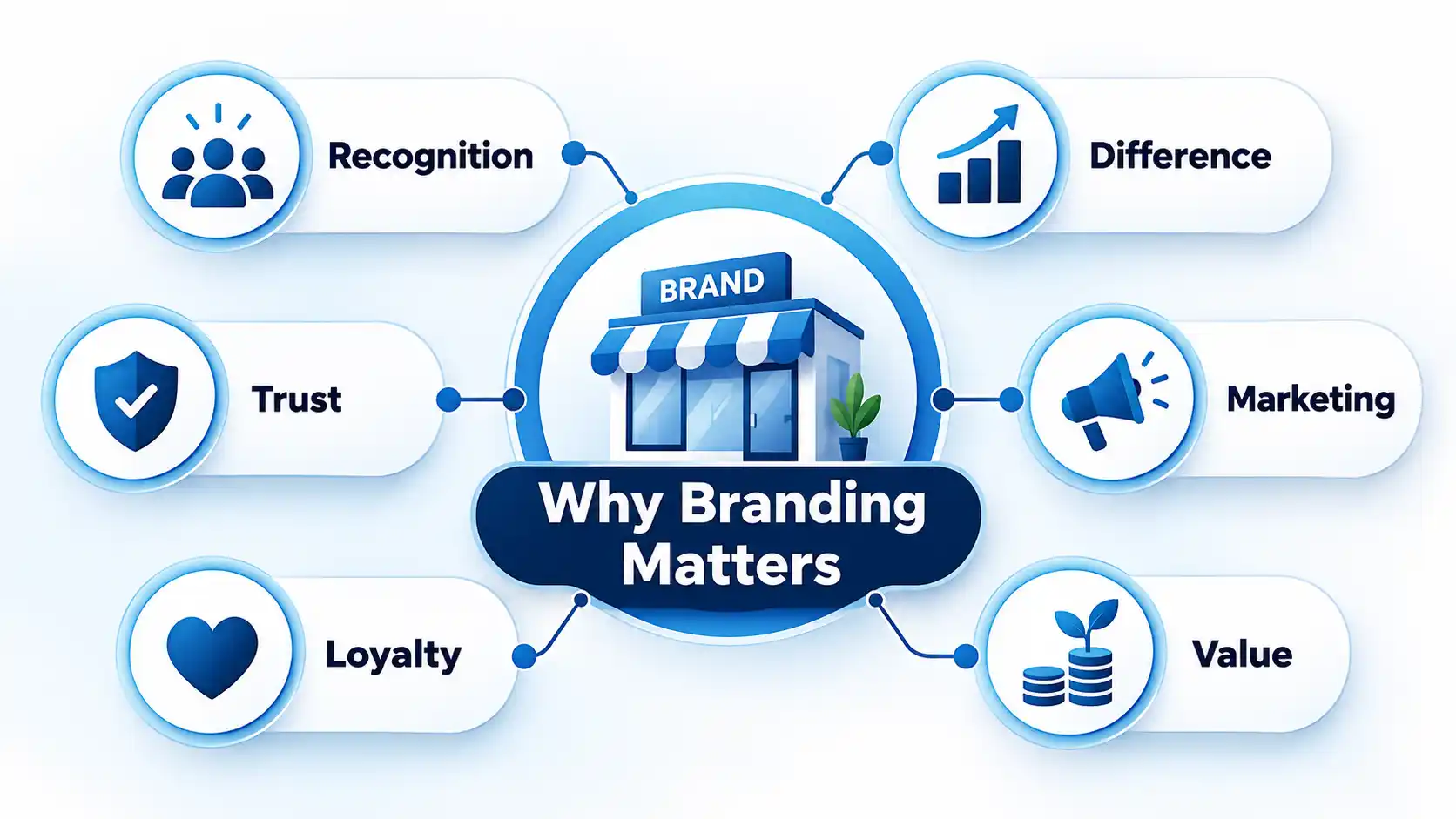 Central brand storefront linked to six benefits: Recognition, Difference, Trust, Marketing, Loyalty, and Value.