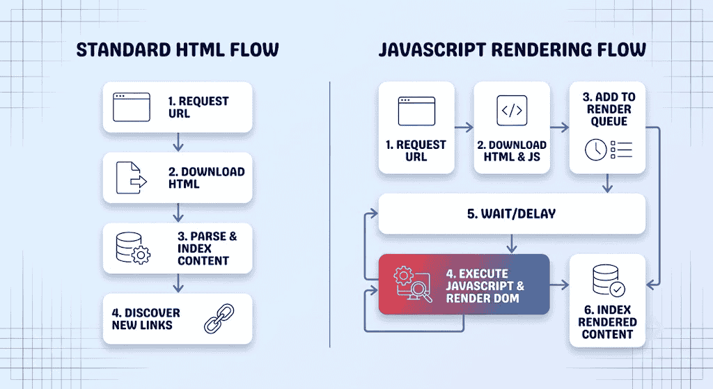 An infographic comparing the simplified 'Standard HTML Flow' for crawlers to the more complex, multi-stage 'JavaScript Rendering Flow' with delayed indexing.
