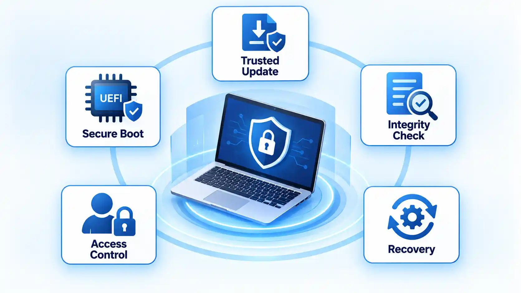 Protected laptop surrounded by Trusted Update, Secure Boot, Integrity Check, Access Control, and Recovery controls