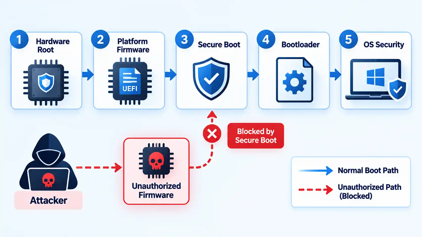 Five-step boot path from Hardware Root to OS Security with an unauthorized firmware path blocked by Secure Boot