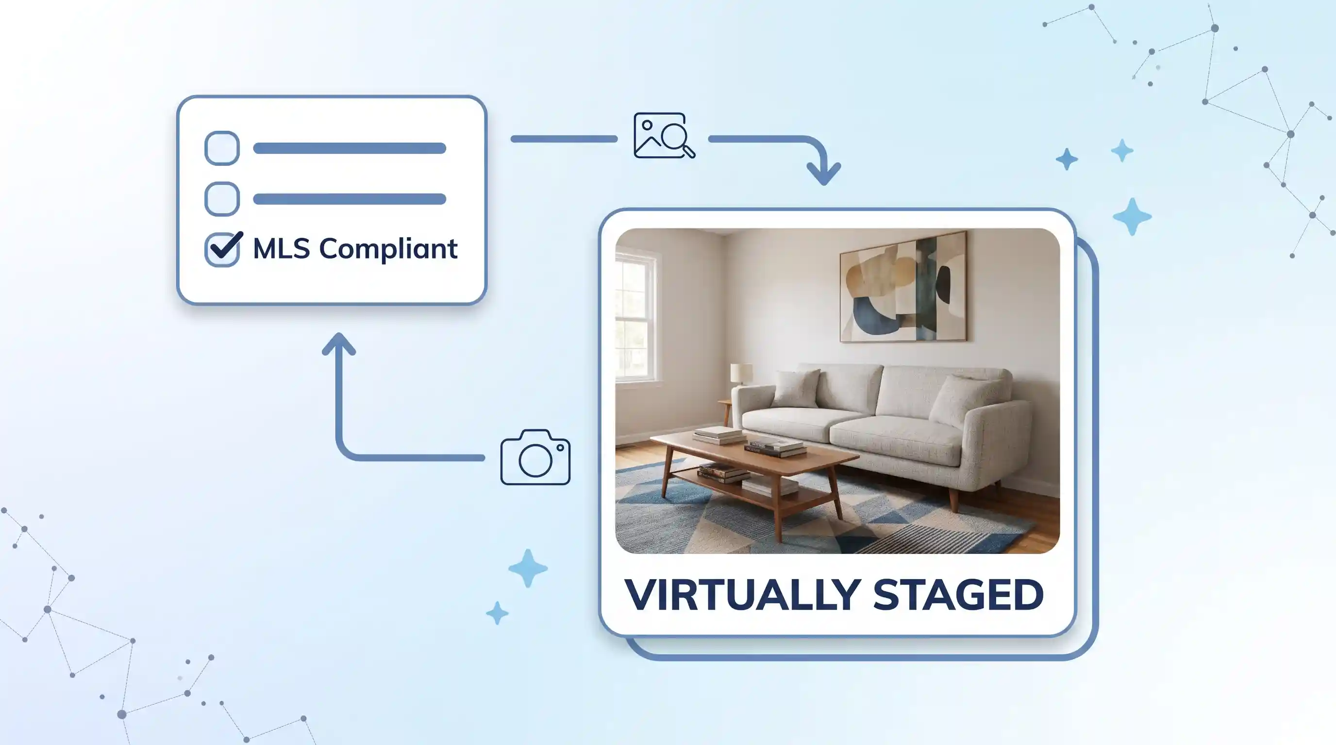 An illustrative MLS listing photo graphic showing a virtually staged living room with a clear, compliant "Virtually Staged" text watermark in the bottom corner.
