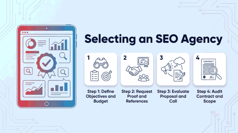 A blog header graphic featuring a red-to-blue gradient tablet with a data dashboard. Next to it is the headline 'Selecting an SEO Agency'. A row of four numbered cards follows, illustrating steps with line icons: 1. binoculars (Define Objectives and Budget), 2. handshake (Request Proof and References), 3. megaphone (Evaluate Proposal and Call), 4. contract (Audit Contract and Scope). The background has a circuit board pattern.
