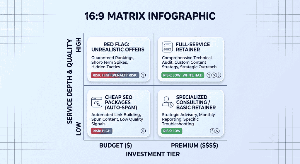 A 2x2 matrix comparing SEO agency options by cost and depth. Includes 'Full-Service Retainer' (Low Risk, High Cost) and 'Cheap SEO' (High Risk, Low Cost).