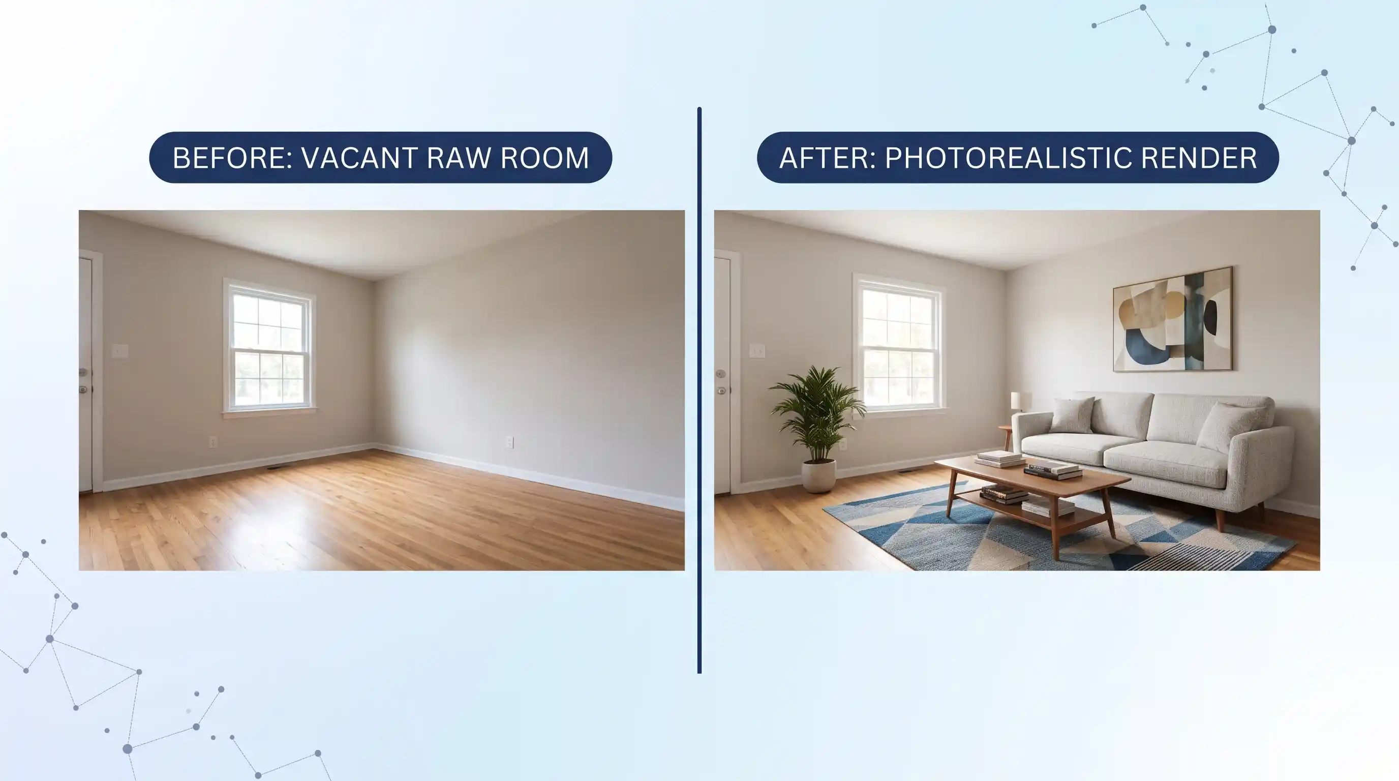 A split photo comparing a vacant room to its photorealistic virtually staged version with mid-century modern furniture, demonstrating precise 3D rendering alignment.