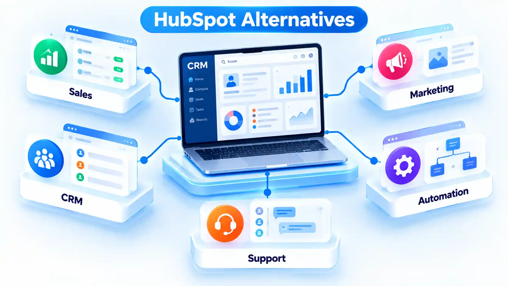 HubSpot Alternatives CRM dashboard connects Sales, Marketing, CRM, Automation, and Support cards.