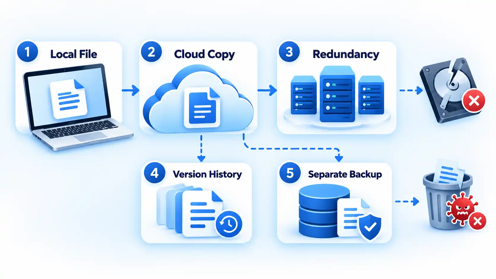 Five-step flow links Local File, Cloud Copy, Redundancy, Version History, and Separate Backup.