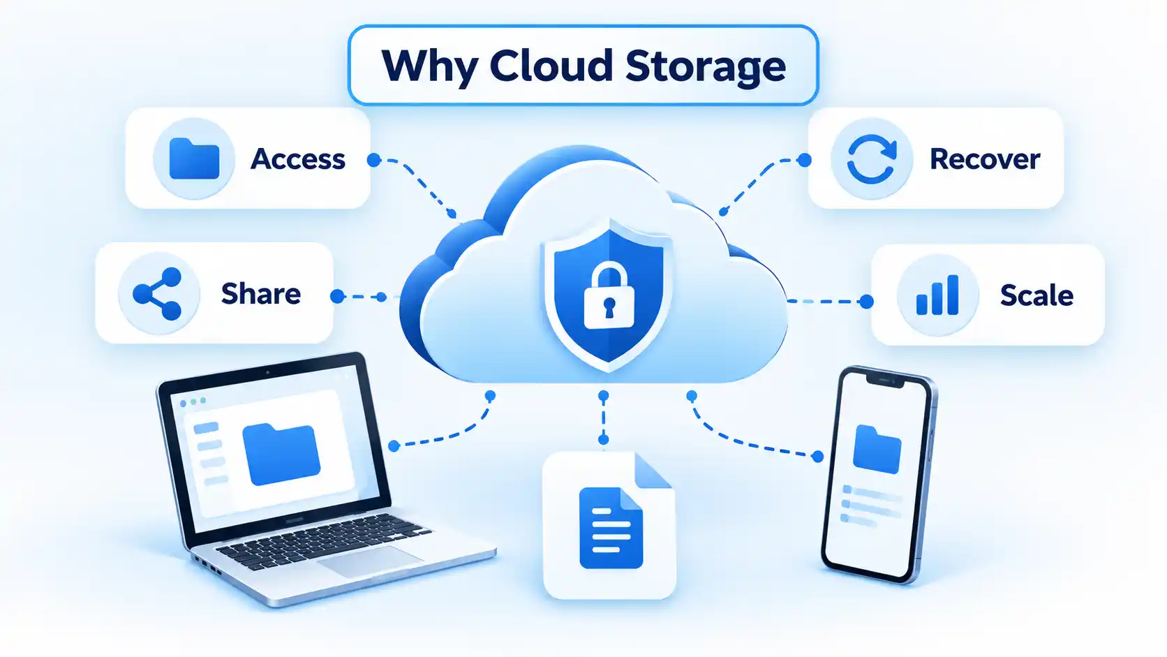 Protected cloud connects a laptop, phone, and file, with Access, Share, Recover, and Scale cards.