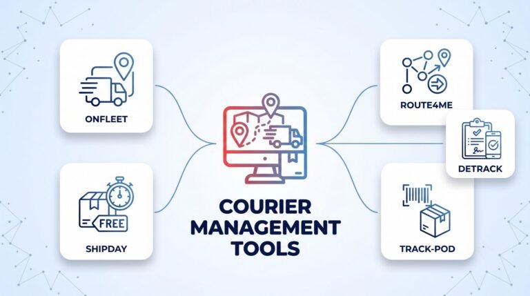 Courier management tools diagram with OnFleet, ShipDay, Route4Me, Detrack, and Track-POD connected to a delivery monitor icon.