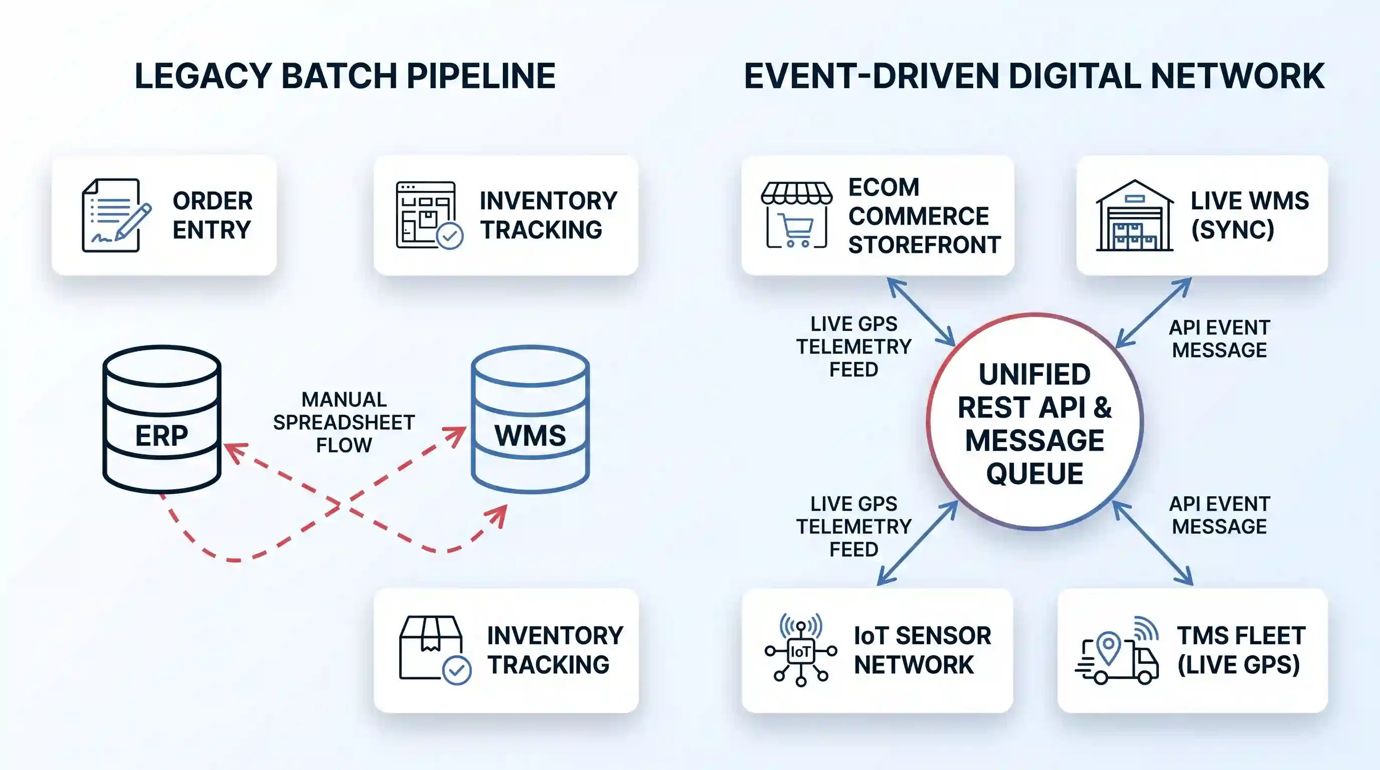 Side-by-side comparison diagrams showing a disconnected legacy pipeline versus a unified, event-driven digital network.