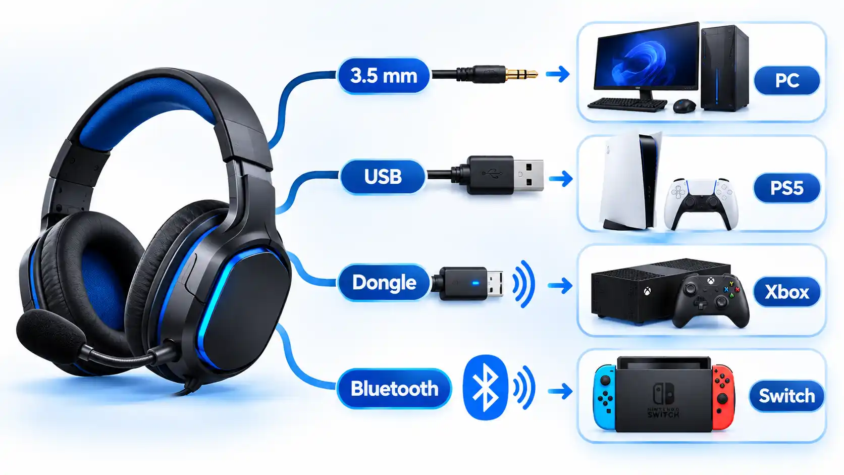 Gaming headset with Platform, Connection, Comfort, and Mic buying criteria around a Choose Smarter badge