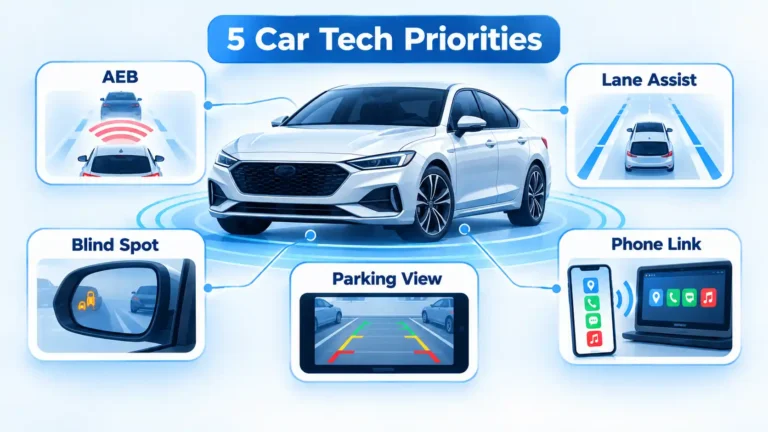 Modern car with AEB, Lane Assist, Blind Spot, Parking View, and Phone Link panels.