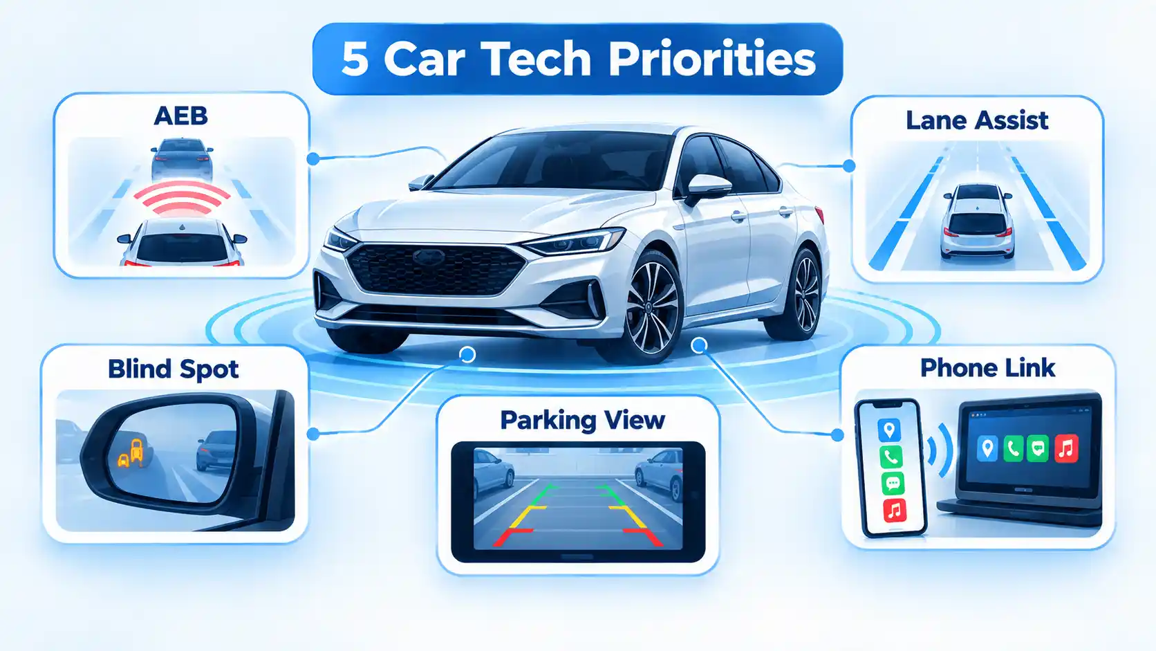 Modern car with AEB, Lane Assist, Blind Spot, Parking View, and Phone Link panels.