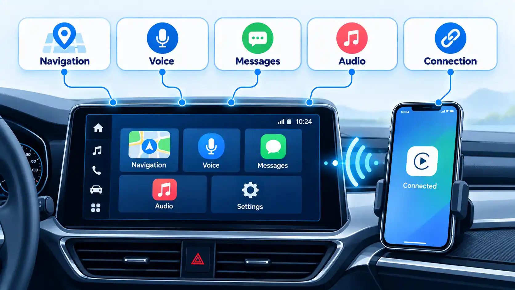 Car screen and phone show Navigation, Voice, Messages, Audio, and Connection controls.