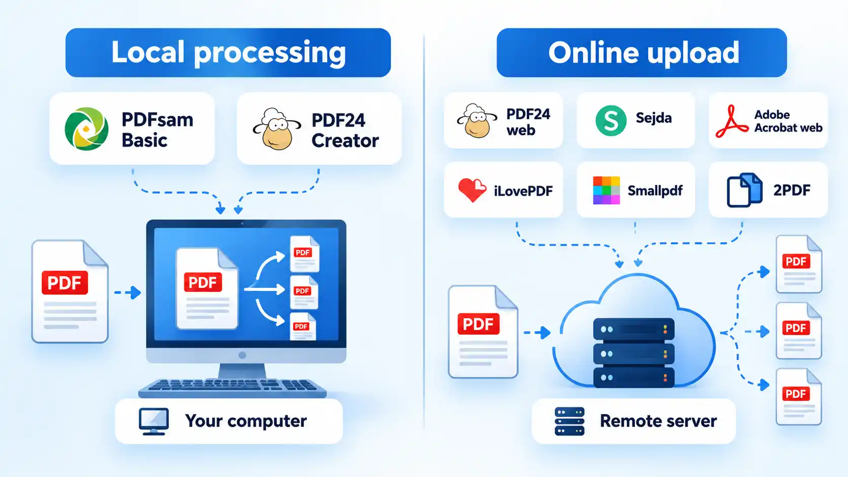 Local PDF splitting on a computer compared with online upload to a remote server using PDF splitter tools.