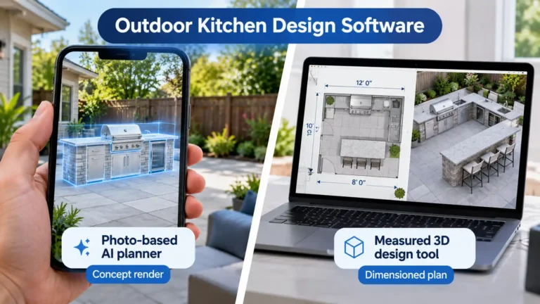 Smartphone AI outdoor kitchen concept render beside a laptop showing a measured 2D floor plan and 3D design.