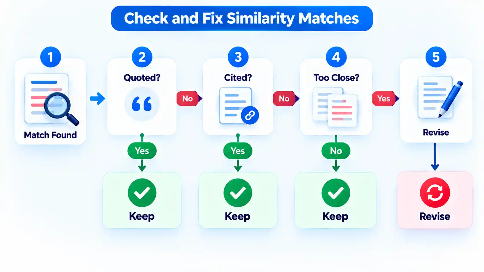 Similarity flowchart checks Match Found, Quoted?, Cited?, and Too Close? before Keep or Revise.