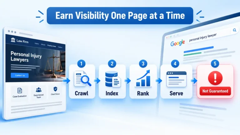 Law firm page flows through Crawl, Index, Rank, Serve, and Not Guaranteed stages toward Google search results.
