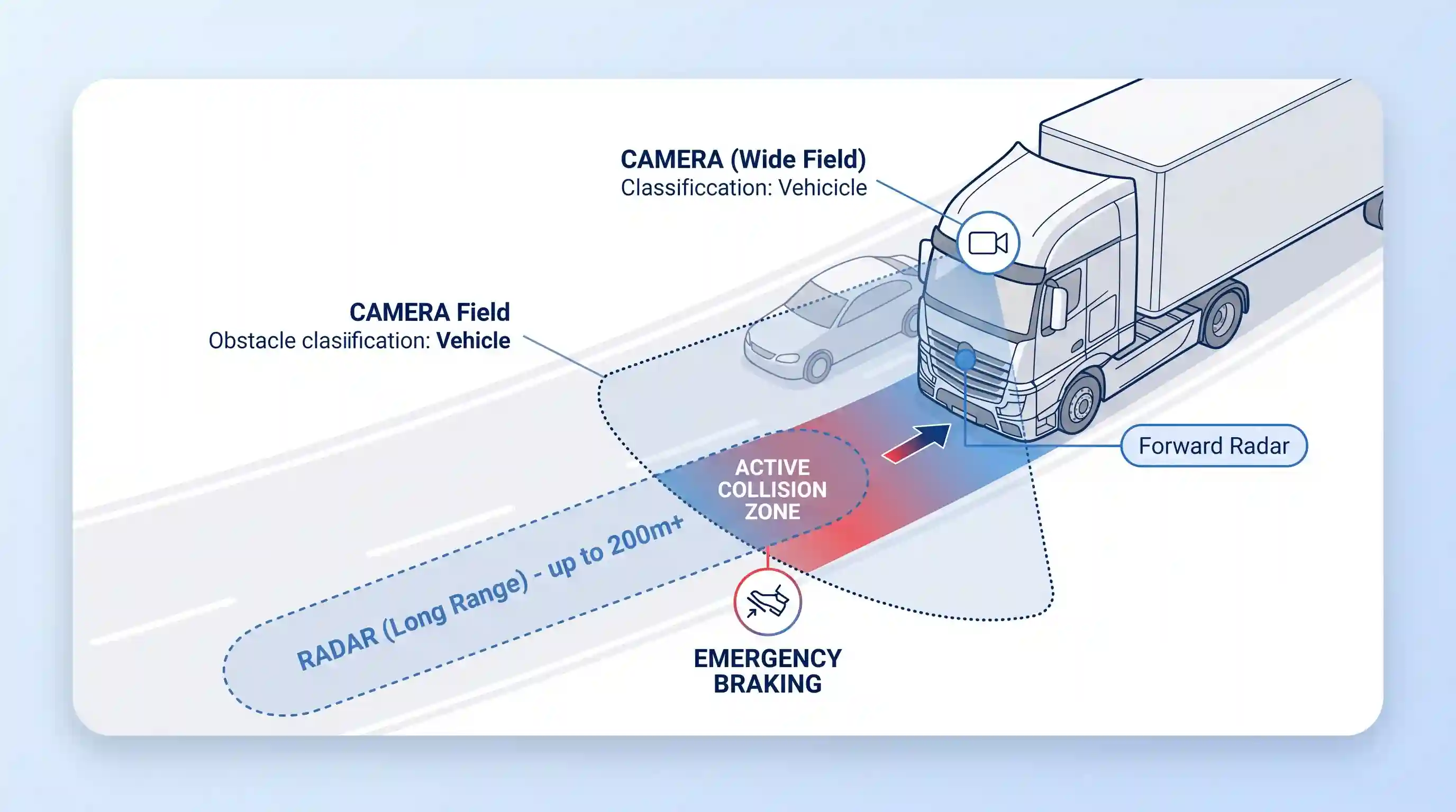 A diagram showing a commercial semi-truck with labeled detection zones. Arrows indicate 'RADAR (Long Range)' and 'CAMERA (Wide Field)' areas, converging on an 'ACTIVE COLLISION ZONE' which activates 'EMERGENCY BRAKING' near an obstacle.
