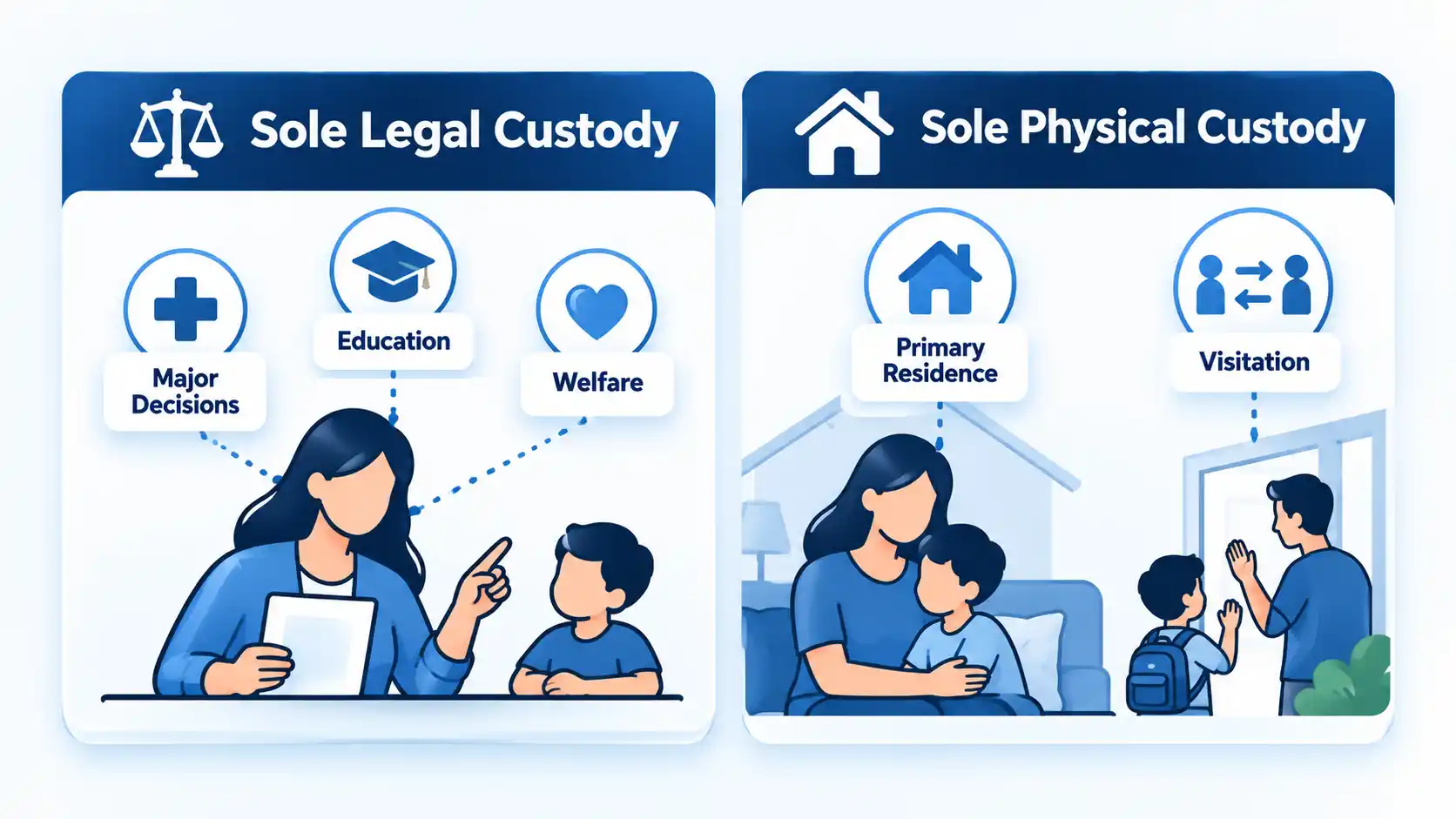 Sole Legal and Sole Physical Custody panels show Major Decisions, Primary Residence, and Visitation
