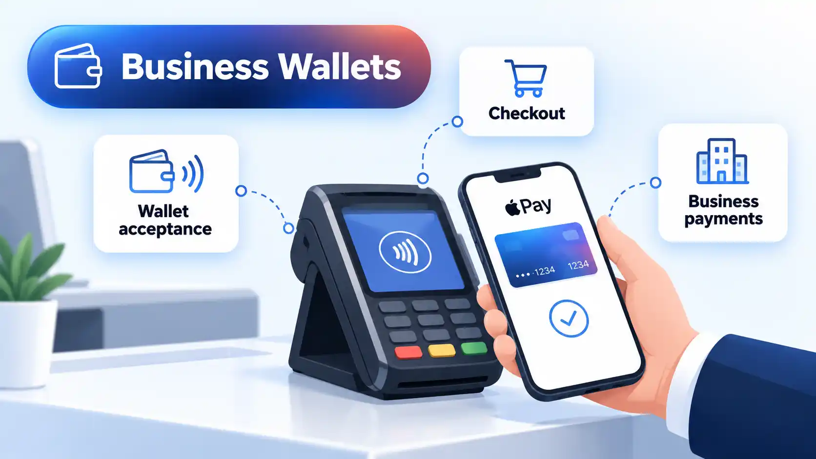 Business Wallets illustration with a contactless checkout terminal, Apple Pay phone, and three labeled payment cards.